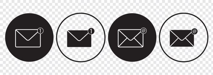 Fototapete - Mail icon set in black. Mail delivery symbols. Letter in envelope. Set of email signs in flat. Sending message icon collection. Black filled icons. Vector illustration for graphic design, Web, UI, app