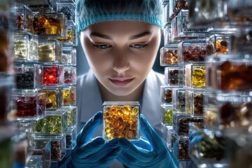Poster - Scientist examines colorful capsules in a laboratory full of samples and research materials