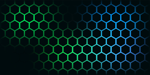 Poster - Dark hexagon abstract technology background with blue and green colored bright flashes under hexagon. Hexagonal gaming vector tech illustration black abstract background.