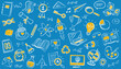 © 365 days studio - abstract cartoon illustration with a central yellow wavy shape against a blue backdrop, surrounded by subtle educational icons, creating visually interesting and conceptual representation of learning.