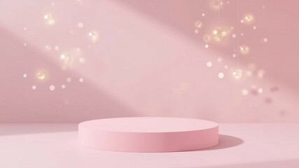 Fototapete - Pastel-colored podium in front of a soft, dreamy background with floating bokeh lights, minimalistic and elegant design.