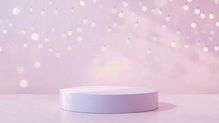 Fototapete - Pastel-colored podium in front of a soft, dreamy background with floating bokeh lights, minimalistic and elegant design.