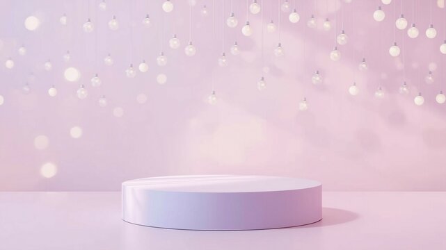 Pastel-colored podium in front of a soft, dreamy background with floating bokeh lights, minimalistic and elegant design.