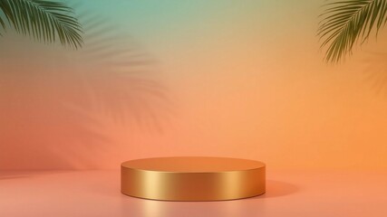 Fototapete - Empty golden podium in a studio setting with a vibrant tropical gradient wall, palm leaf shadows cast subtly in the background.