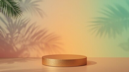 Fototapete - Empty golden podium in a studio setting with a vibrant tropical gradient wall, palm leaf shadows cast subtly in the background.
