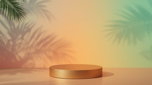 Empty golden podium in a studio setting with a vibrant tropical gradient wall, palm leaf shadows cast subtly in the background.