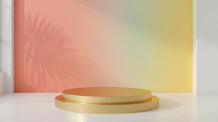 Fototapete - Empty golden podium in a studio setting with a vibrant tropical gradient wall, palm leaf shadows cast subtly in the background.