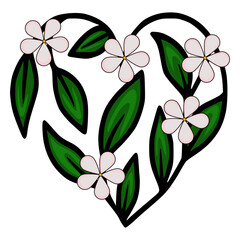 Poster - A charming vector illustration of a heart-shaped floral arrangement, featuring delicate pink flowers and vibrant green leaves, rendered in a stylized, hand-drawn manner.