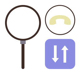 Poster - Magnifying glass, phone handset, and up-down arrows in flat design. Ideal for research, communication, transfer, analysis, inquiry connectivity organization. Perfect for simple flat metaphor