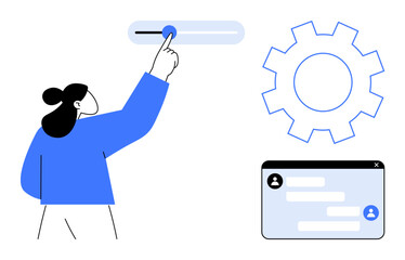 Poster - Woman adjusts slider near a gear symbol and chat window. Ideal for technology, customization, user interface, communication, teamwork, productivity, simple landing page