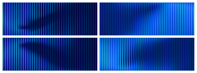 Poster - Blue fractal glass effect set with 3D gradient background and neon texture. Vertical ribbed pattern with holographic distortion and abstract prism lines. Transparent liquid wave design technology.