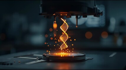 Poster - Tracking Shot Inside Biotech Lab with Glowing DNA Representation and High-Tech Equipment