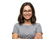 © Image stock - Smiling young woman wearing glasses and a grey t shirt isolated on transparent background