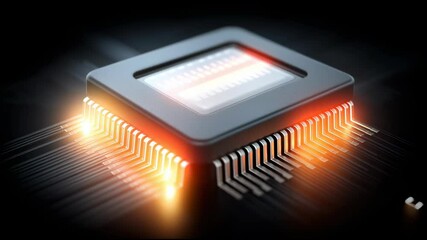 Poster - Macro Shot of Printed Circuit Microchip Emitting Glowing Light with Futuristic Technology Features