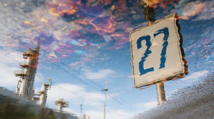 Aufkleber - Reflection of a sign with the number 27 seen through water, featuring an abstract sky and industrial structures in the background.