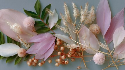 Poster - Seasonal botanical arrangement with dried flowers and leaves on a soft surface in natural light