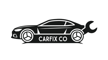 Poster - Modern black car silhouette with wrench for automotive repair and service company logo