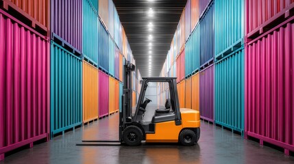 Poster - A yellow forklift is positioned in a colorful storage facility lined with containers, creating a vibrant industrial atmosphere.