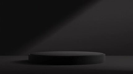 Fototapete - Black product background stand or podium pedestal on advertising display with blank backdrops. 3D rendering