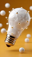 Fototapete - Glowing light bulb crafted from dots and lines represents endless creativity and innovation in technology against an orange backdrop