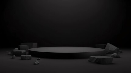 Fototapete - Black rock pedestal or podium display with stone platform concept on dark background. Blank shelf stand for showing product. 3D rendering