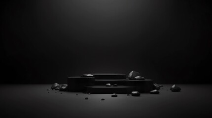 Fototapete - Black rock pedestal or podium display with stone platform concept on dark background. Blank shelf stand for showing product. 3D rendering
