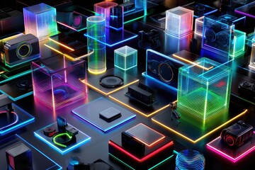 Poster - Colorful futuristic technology layout with glowing geometric shapes and devices