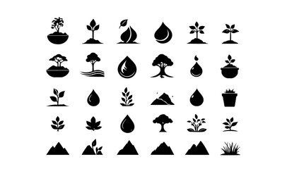 Poster - Collection of various plant and nature themed black silhouette icons set
