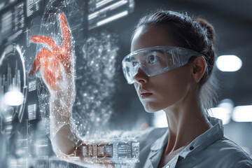Aufkleber - A woman wearing a pair of goggles is looking at a computer screen