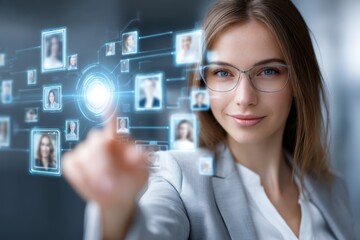 Poster - Professional woman interacting with digital network connections in a modern office