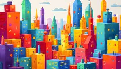 Wall Mural - A colorful cityscape illustration showcases a vibrant, abstract architectural design.