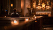 © Daniel - Private prayer in a quiet church pew, A person in quiet prayer, sitting on a pew in an empty church, candles lit on the altar, 