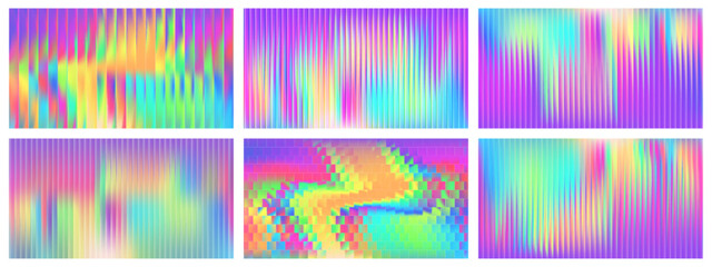 Poster - Glass gradient background set with Y2K chromatic patterns and reeded texture. Abstract neon design with fractal ribbing and prism color distortion. Iridescent glassmorphism effect for modern posters o