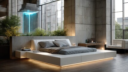 Poster - Futuristic bedroom featuring a Dogwood tree, neon lights, and a cozy sofa, creating a blend of elegance and relaxation in modern living