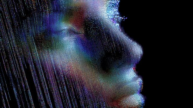 Colorful abstract representation of a face with vibrant patterns and lights in a digital art creation
