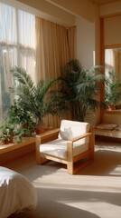 Poster - Bright and serene bedroom featuring wooden furniture, white bedding, and a tranquil ambiance enhanced by sunlight through large windows