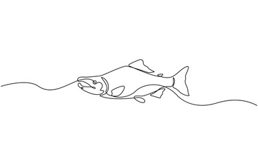 Poster - Fresh salmon fish in continuous one line art drawing isolated, Fresh food concept, Monoline Fishing Symbol, One Line Tuna Silhouette, Salmon fish Sign.