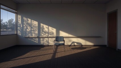 Poster - Veterans Affairs Layoffs. Empty blue chair casting shadow in sunlit of