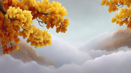 Poster - Autumn background with foggy morning landscape, vibrant foliage and space above