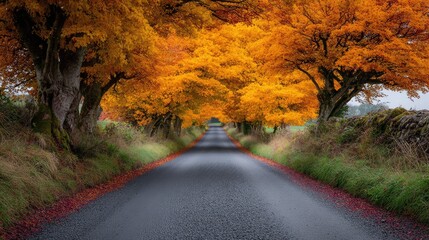 Poster - Autumn tree tunnel along a country road, bright vanishing point with space above