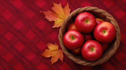 Poster - Basket of apples on a plaid blanket with fallen leaves around and copy space on one side