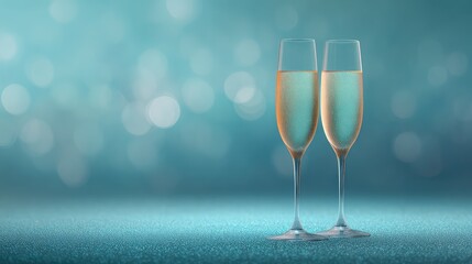 Poster - Champagne glasses on a glittery surface with soft bokeh and copy space on top
