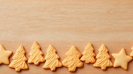 Poster - Christmas cookies shaped like stars and trees with empty area on wooden table