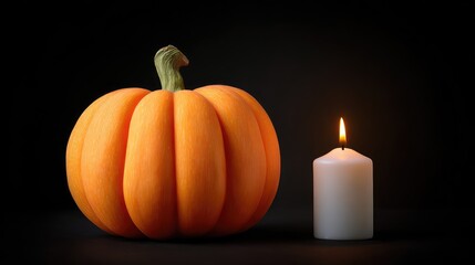 Poster - Close-up of a carved pumpkin with candlelight and black background for copy