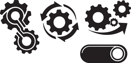 Fototapete - Black and white engineering and industry icons for design, featuring gears, wheels, and mechanical symbols illustrating concepts of technology and teamwork