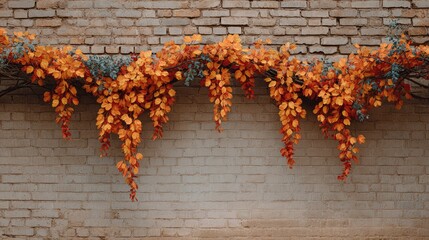 Fototapete - Decorative autumn garland on brick wall with open center for design