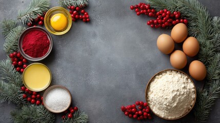 Poster - Flat lay of baking ingredients for Christmas cookies with space in the middle