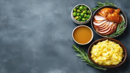 Fototapete - Flat lay of cooked Thanksgiving meal items with large central copy space
