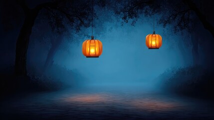Poster - Halloween night with glowing lanterns on a trail and empty copy space above