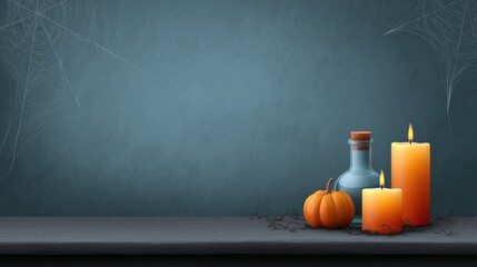 Poster - Halloween scene with candles, potion bottles, and cobwebs with blank table